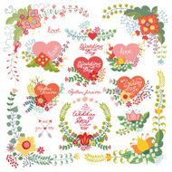 Cute vintage floral set with hearts Love decor elements