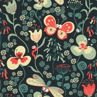 Colorful seamless floral pattern with stylized butterfly and dragonfly