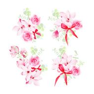 Celebration floral bunches with red bows vector design objects