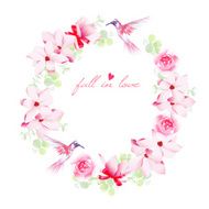 Blooming bouquets birds and bows vector wedding design frame