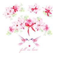 Blooming bouquets birds and bows vector design elements set