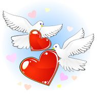 Couple of doves with red hearts