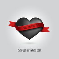 Vector black heart with red ribbon and love quotation Love