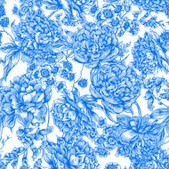 Blue Floral Seamless Pattern with Peonies in Vintage Style N2