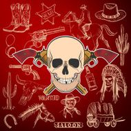Hand drawn Wild West Collection with Crossed Revolvers and skull