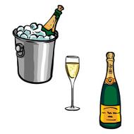 Vector set of champagne bottles with glasses and Champagne buck