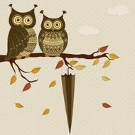 Cute stylized owls on branch with umbrella N2