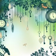 Vintage green background with keys and clocks