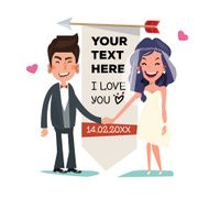 Wedding couple character hold hand together with blank cute labe