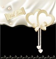 holiday background with black silk two hearts and pearls