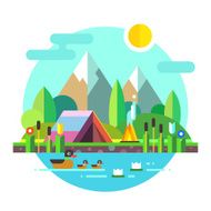 Summer landscape tent mountains lake Hiking