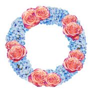 Beautiful roses and blue jasmine flower watercolor wreath