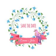Save the date hand drawn floral wreath with ribbon and N2