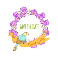 Save the date hand drawn floral wreath with ribbon and N3
