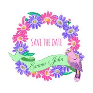 Save the date hand drawn floral wreath with ribbon and N4