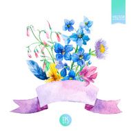 Watercolor summer flowers bouquet and pink ribbon