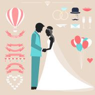 wedding collection with bride groom silhouette and romantic decorative elements