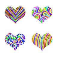 Set of watercolor and color pencils or crayons rainbow hearts N2