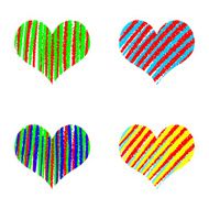 Set of watercolor and color pencils or crayons rainbow hearts N3