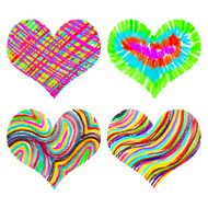 Set of watercolor and color pencils or crayons rainbow hearts N6