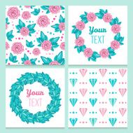 Set of seamless patterns and frames with roses diamonds N2