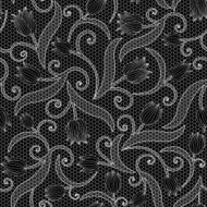 White lace seamless pattern with tulips on black background N2