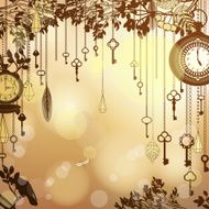 Antique golden background with clocks and keys