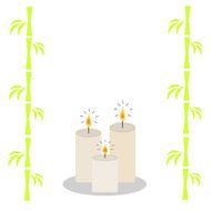 Three burning candles and bamboo White background Isolated Flat design