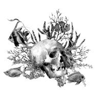 Watercolor monochrome sea life greeting card with skull and tropical