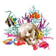 Watercolor sea life greeting card with skull and tropical fish