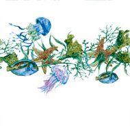 Summer Vintage Watercolor Sea Life Seamless Border on white background N2