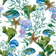 Summer Vintage Watercolor Sea Life Seamless Pattern on white background N2