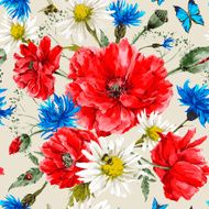 Vintage watercolor bouquet of wildflowers shabby seamless pattern with poppies