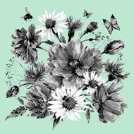 Vintage monochrome watercolor bouquet of wildflowers poppies daisies cornflowers
