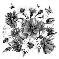 Vintage monochrome watercolor bouquet of wildflowers poppies daisies cornflowers N2