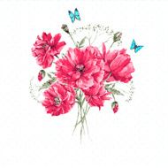 Delicate Vintage Watercolor Bouquet of Red Poppies and Blue Butterflies