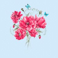 Delicate Vintage Watercolor Bouquet of Red Poppies and Blue Butterflies N2