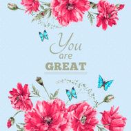 Vintage Watercolor Floral Card with Bouquet of Red Poppies and N4