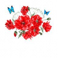 Watercolor Vintage Card with Red Poppies Bouquet