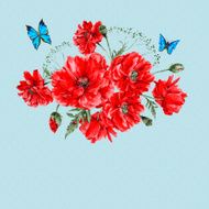 Watercolor Vintage Card with Red Poppies Bouquet N2