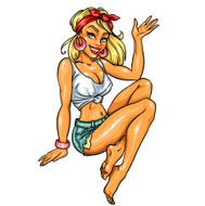 Pretty Pin Up Girl waving holding something in her hand N2