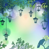 Abstract background with tree branches and retro street lamps