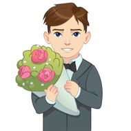 Cartoon boy in suit holding bouquet