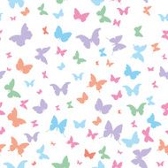 butterflies pink lilac blue green silhouette seamless pattern on white