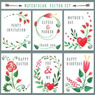 Floral card set with Watercolor Red flowers Holiday vector
