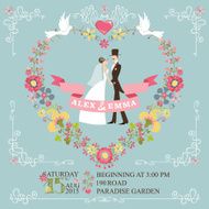 Retro wedding invitation Bride groom floral wreath borders