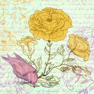 Grungy retro background with roses and bird