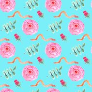 Watercolor rose and worm in vintage style N2