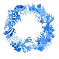 Blue Sea life Vintage Round Frame with Fish and Seaweed