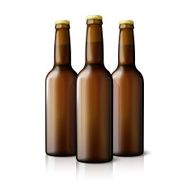 Three blank brown realistic beer bottles isolated on white background